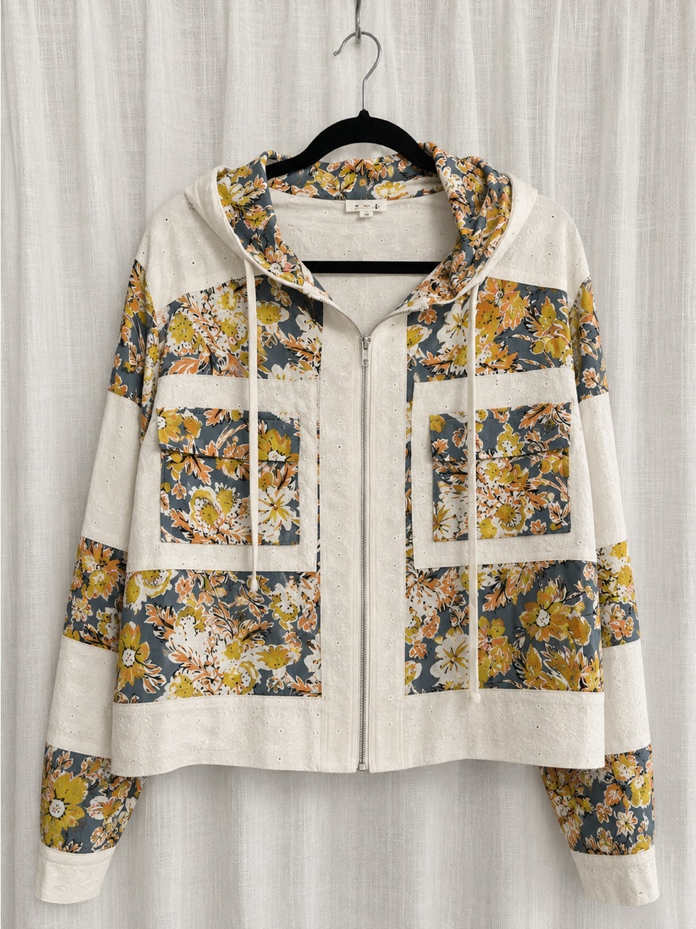 209🌟 POL Boho Floral Patchwork Zip Hoodie Jacket Eyelet Lace Size Small